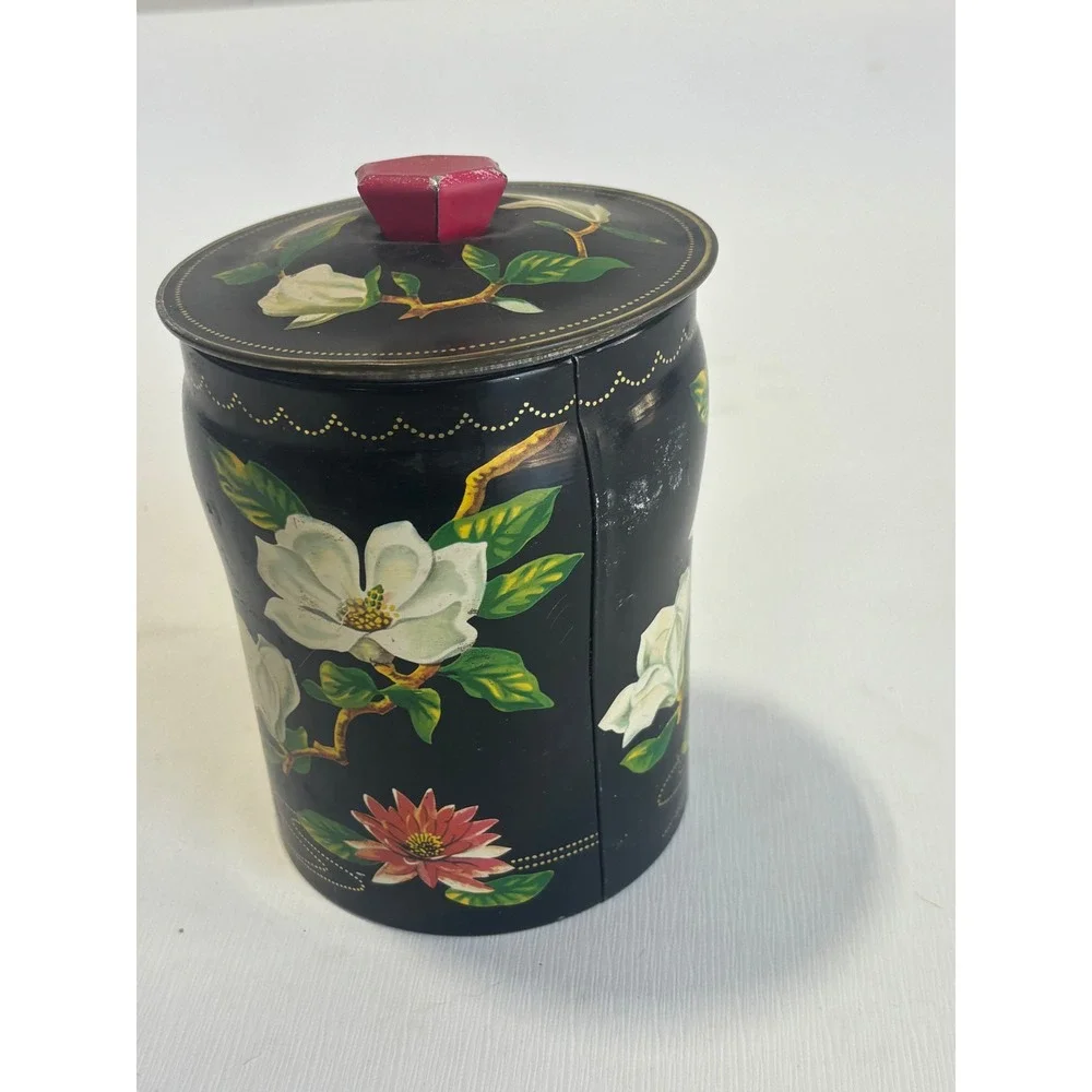 Vintage George W Horner Magnolia Floral Toffee Tin Made in England Black‎ Metal